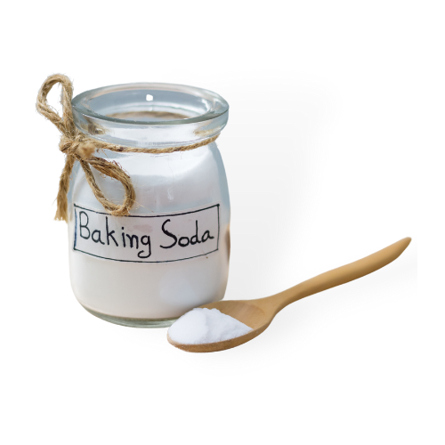 Baking soda in a jar with a wooden spoon