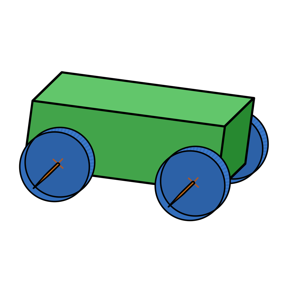 Illustration of a box with bottle cap wheels